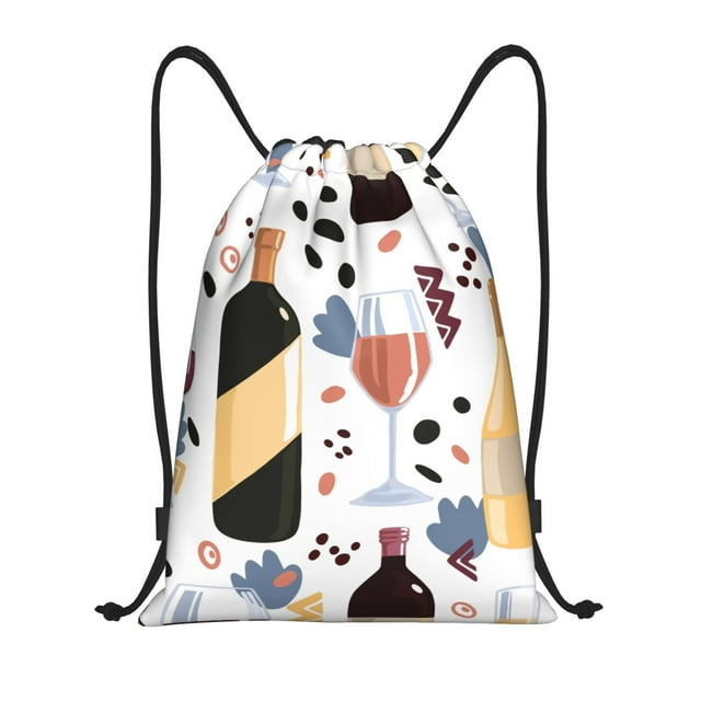 Lukts Wine Bottles Glasses Pattern Drawstring Backpack Bag Sport Gym Sackpack,String Backpack Sport Bag Sack,Cinch Tote Gym Backpack-Small