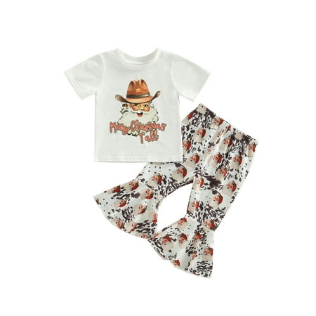 

Emmababy Christmas Outfit for Girls: Cowboy Santa T-Shirt and Flare Pants