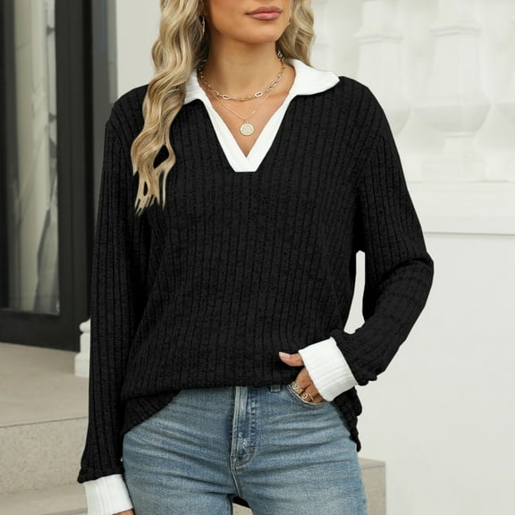 HLKJKLS Winter Clothing For Women Contrast Collar Long Sleeve Ribbed Lightweight Sweater Casual Fall Slimming Top Black S-Xxl