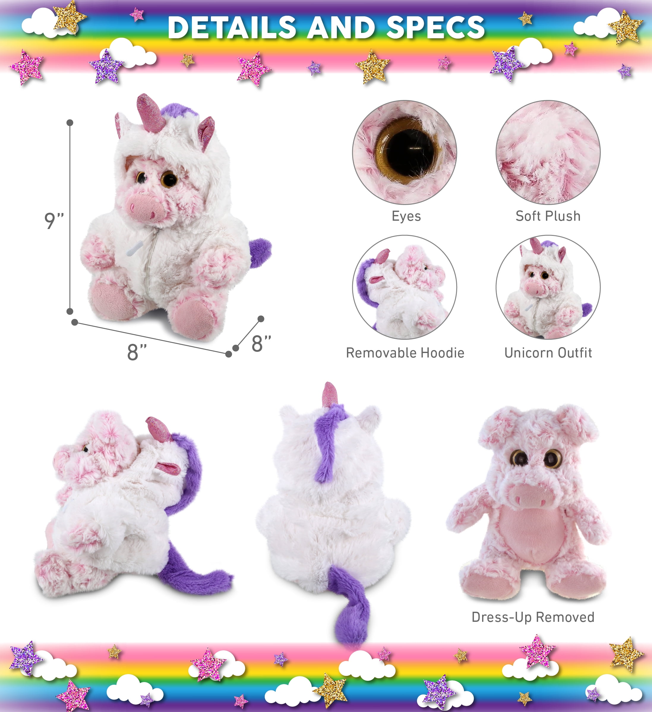 DolliBu Sitting Pig Unicorn Plush Stuffed Animal Toy - Super Soft Pigcorn Dress Up with Removable Plush Unicorn Outfit, Cute Fantasy Wildlife Gift - 9 Inch