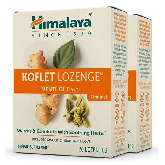 Himalaya Koflet Herbal Throat Lozenges, Natural Herbal Cough Drops, Ginger, Cinnamon, Clove, Gluten Free, Vegan, Menthol Flavor, 20 Individually Wrapped Lozenges, 2 Pack