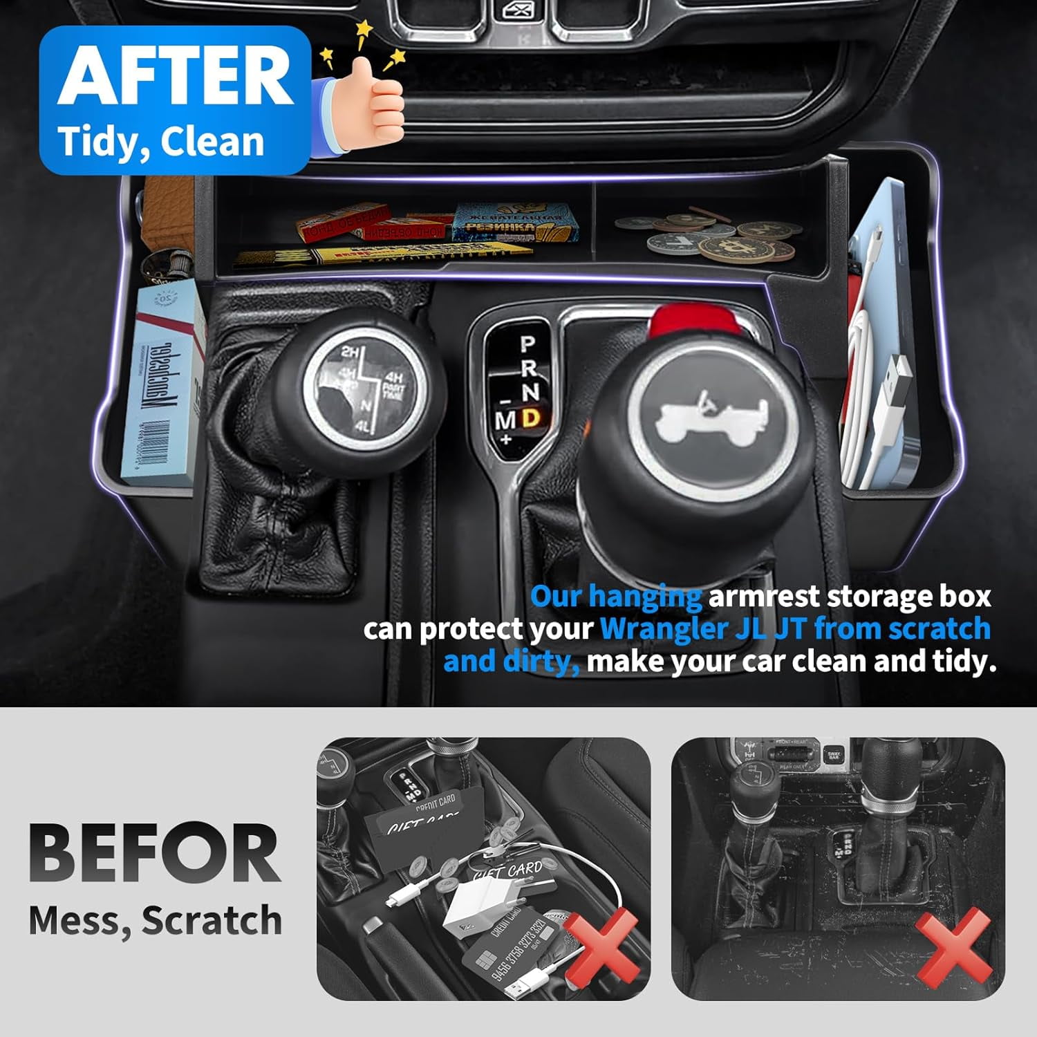 Canvcle 3PCS Gear Shift Organizer Tray Compatible with 2018-2025 Jeep Wrangler JL JLU 4xe &2020-2024 2025 Gladiator JT Center Console Organizer for Jeep Wrangler Accessories (Not for JK/JKU)