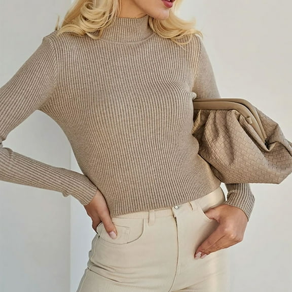 Xuniizn Turtleneck Tops for Women, Slim Solid Color Long Sleeve Ribbed Knit Sweaters, Lightweight Soft Comfortable Insulated Fall Winter Loungewear Pullover Blouse