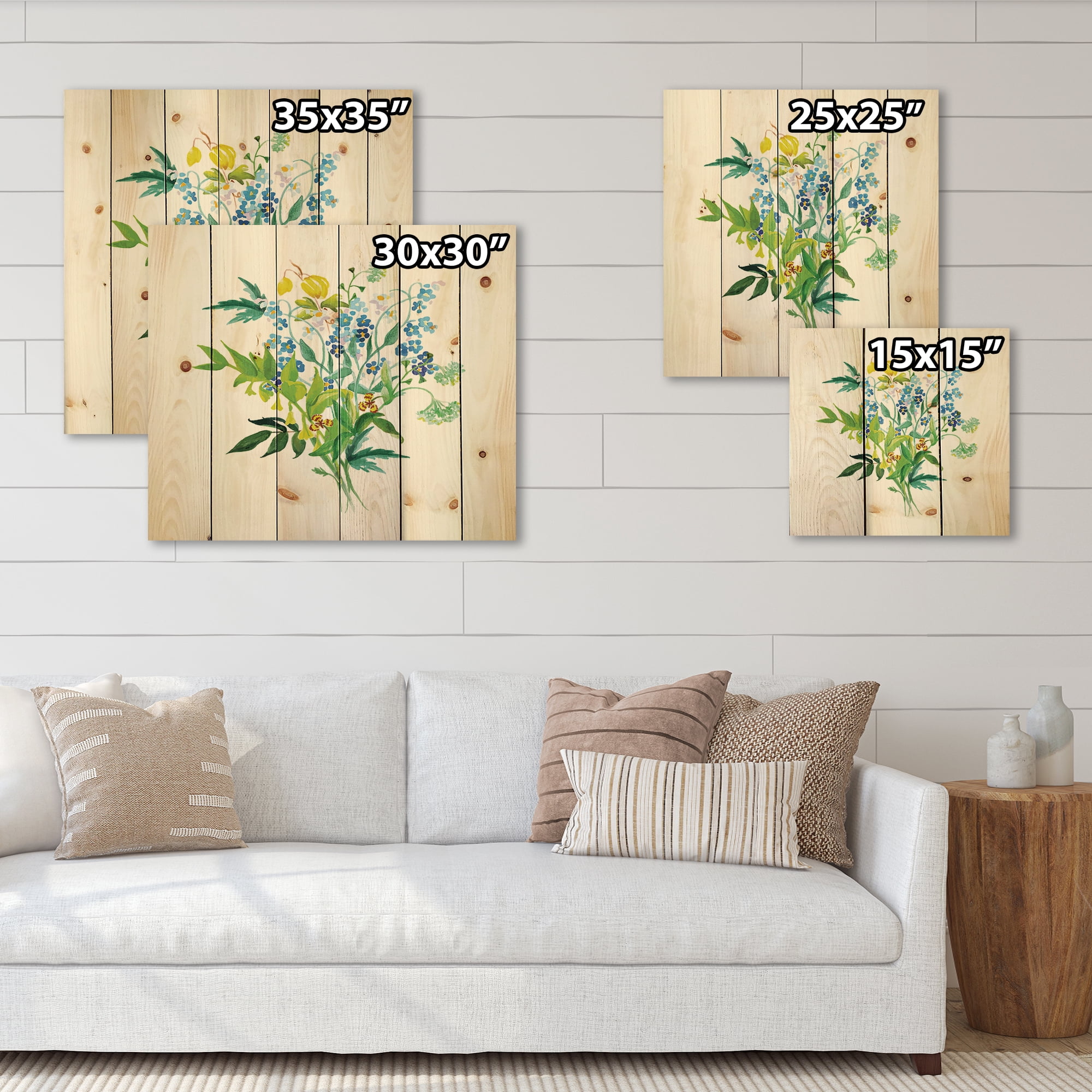 Designart 'Meadow Flowers Garland On White' Farmhouse Print on Natural Pine Wood