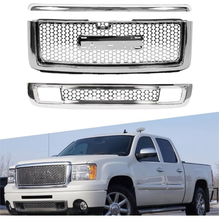 Chrome Front Grill Upper Trim Lower Grill Kit Compatible with GMC Sierra 1500 2007 2008 2009 2010 2011 2012 2013 Models, No Emblem