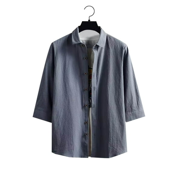 COSFO Mock Neck Men's Shirts Short Sleeve Casual Button Down Tops Loose Solid Cotton Mens Shirt