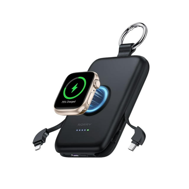 Power Bank RORRY Negro 10000 mAh con Cables Integrados para Celular y Apple Watch