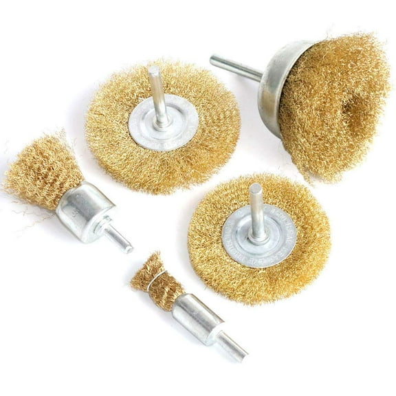 5pcs Brass Wire Wheel Brush Kit for Drill,Crimped Cup Brush with 1/4-Inch Shank ,0.13mm True Brass Wire,Soft Enough to Cleaning or Deburring with Less Scrach