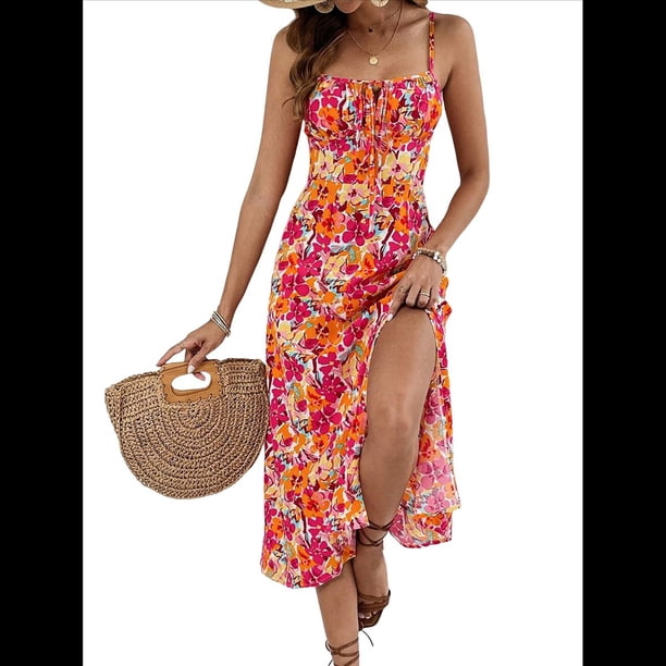 Vestido Midi Floral de Verano para Mujer con Tirantes Finos y Abertura en el Muslo Color M
