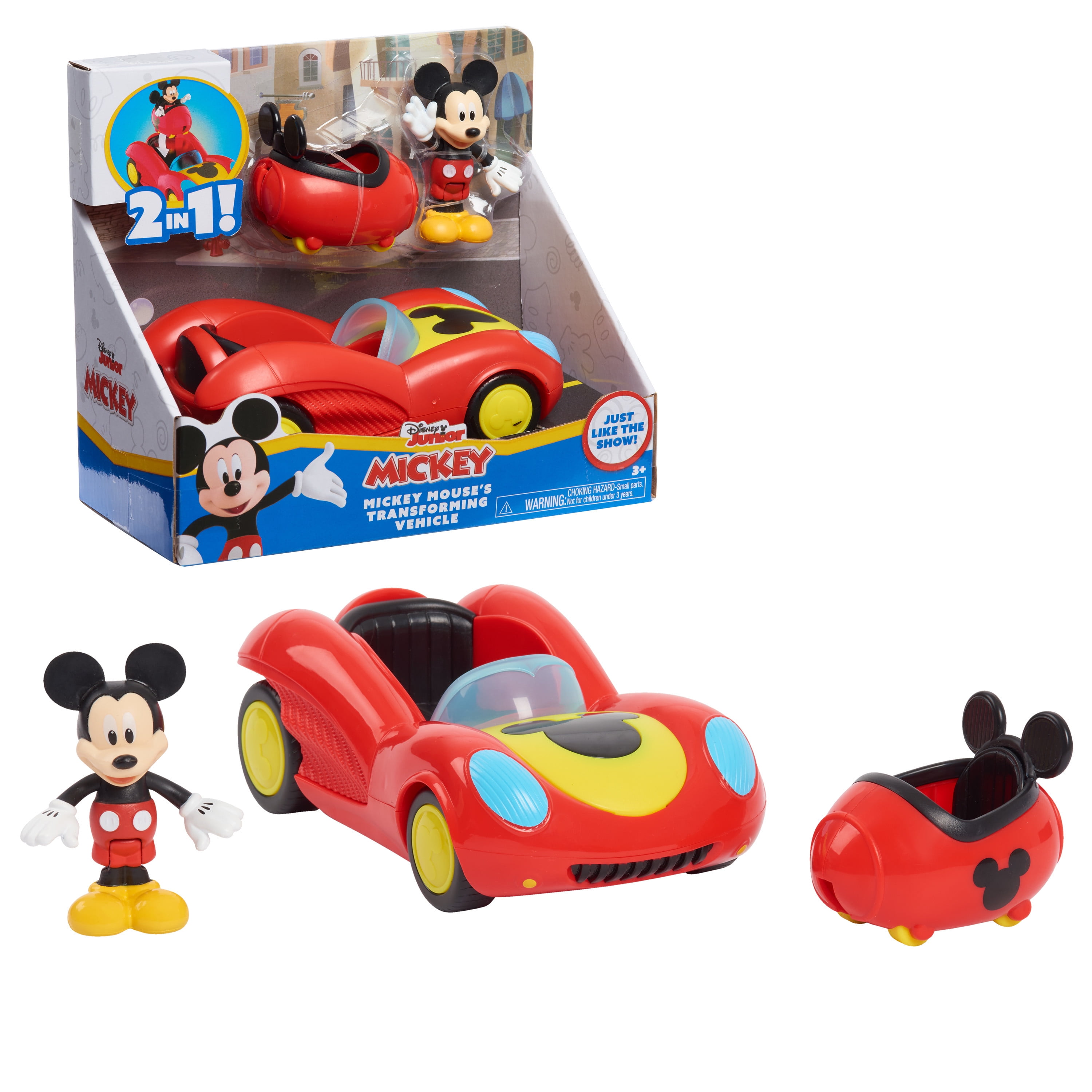 Disney Junior Mickey Mouse Funhouse Transforming Mickey Mouse, Red Toy Car, Preschool, Officially Licensed Kids Toys for Ages 3 Gifts and Presents -