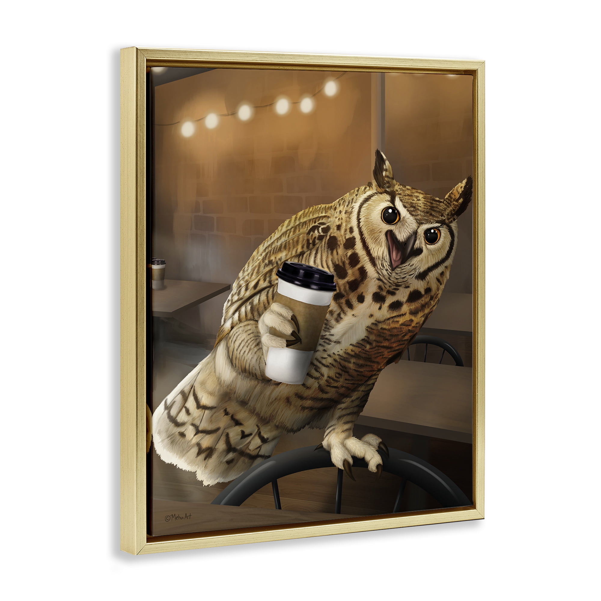 Stupell Industries Owl with Coffee Cup Food & Beverage Painting Gold Floater Framed Canvas Art Print Wall Art, 25 x 31