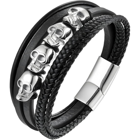 Leather Bracelet for Men, Multi-Layer Braided Stainless Steel Skull Head Skeleton Ghost Mens Cuff Bracelets Gothic Punk Rock Anniversary Father's Day Birthday Christmas Jewelry Gifts for Him