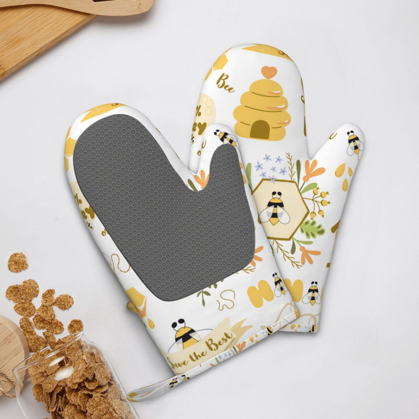 Hirioo Farm Bee Cute Honey for Silicone Oven Mitts for BBQ, Baking, Cooking, Set of 2, Heat Resistant 260℃, Non-Slip Kitchen Essentials