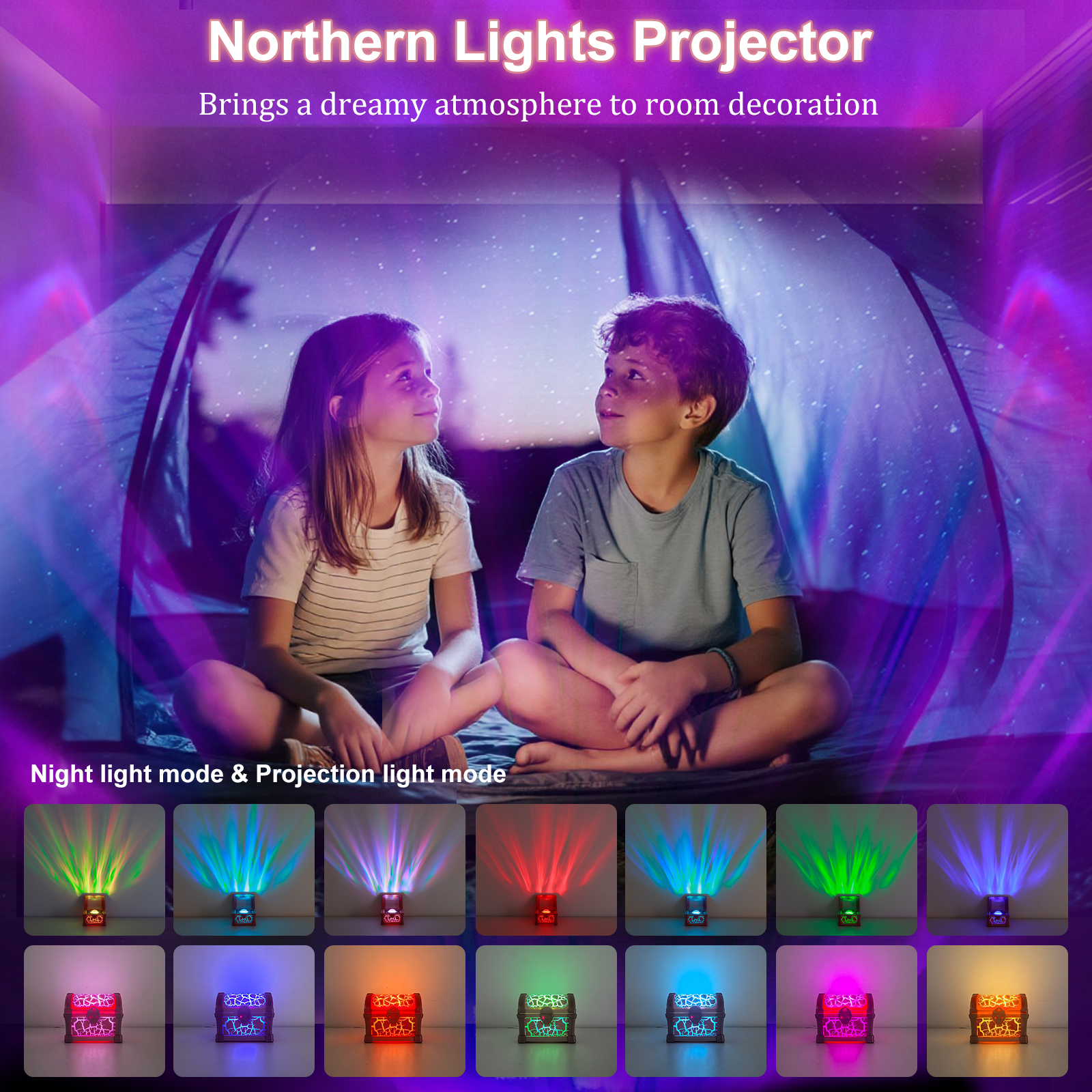 Northern Lights Projector, 7 Colors Treasure Chest Night Light Aurora Lights Projector with 8 Effects & Remote, Dimmable Galaxy Light Ambient Lighting for Bedroom, Gifts for Kids Teen Women