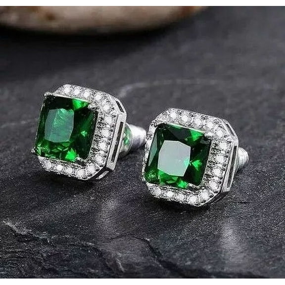Cushion Cut Square 14K White Gold-Plated Cubic Zirconia Men Women Stud Earrings