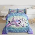 thumbnail image 2 of Homewish Teens Eiffel Tower Full Size Comforter Sets, Romantic French Paris Bedding Comforter Set, Blue Galaxy Sequin Print Reversible Bedding Sets, Breathable Home Decor, 3pcs, 2 of 8
