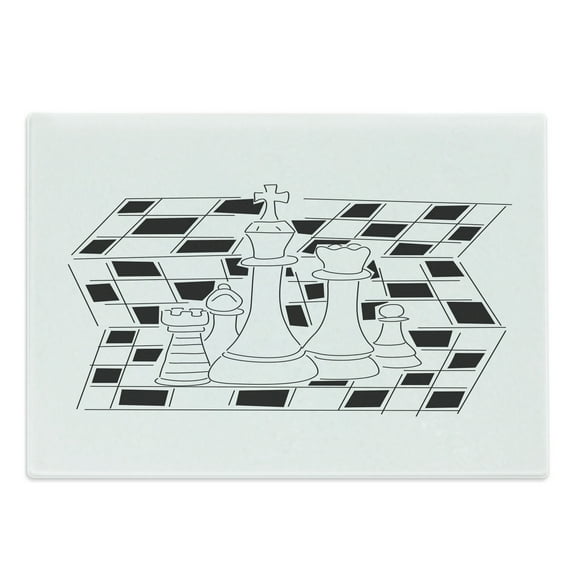 Board Game Cutting Board, Chess Theme Outline Style Pieces with Abstract Board Design Zigzags Monochrome, Decorative Tempered Glass Cutting and Serving Board, in 3 Sizes, by Ambesonne