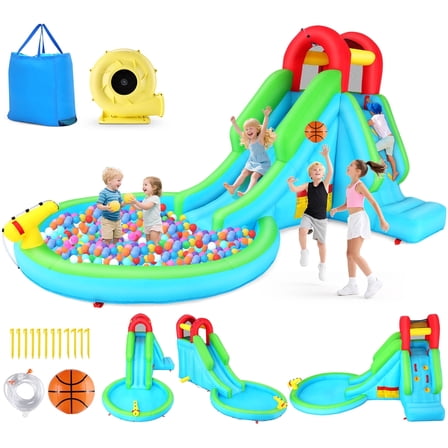 Adnoom Bounce House with 322W Blower, Water Slide with Large Pool/Ball Pit, Inflatable Bounce House with Water Cannon, Climbing Wall, Bouncing Castle for Kids 3-10 Backyard, Party, Gift