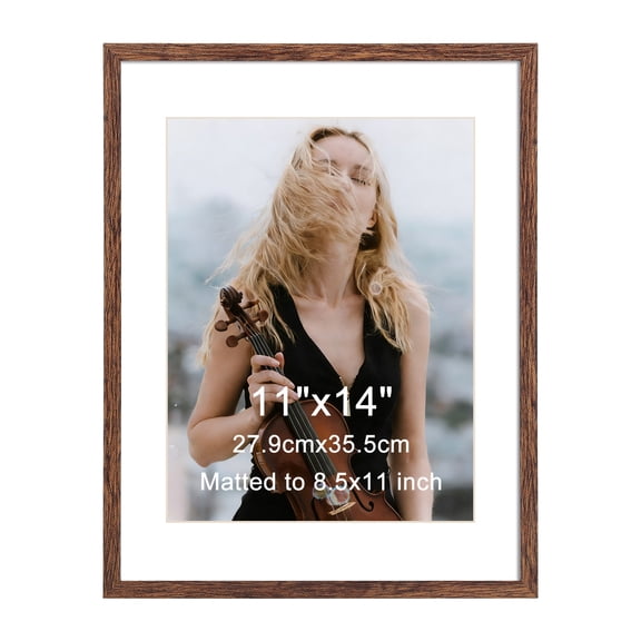 8.5x11 Picture Frame with Mat or 11x14 without Mat, Brown Frame for Wall or Tabletop