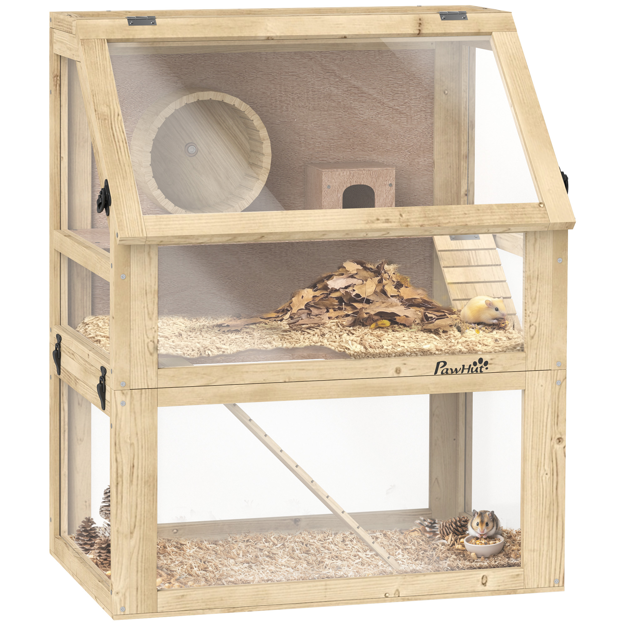 PawHut Wooden Hamster Cage, 3 Tier Small Animal Cage with Detachable 12.6" Deep Bottom, Hut, Seesaw, Exercise Wheel, Ramps, for Dwarf, Gerbil, Mouse