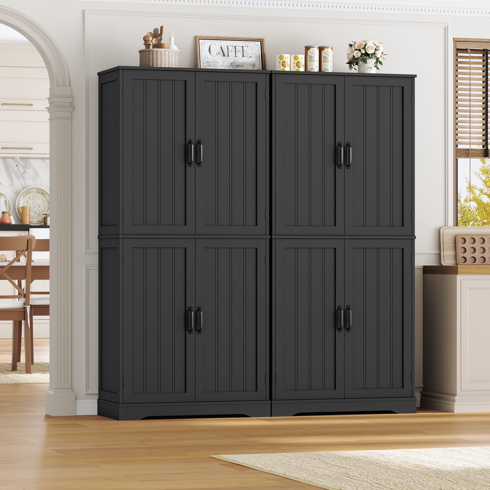 Homfa 71'' Kitchen Pantry Cabinet with 4 Doors, Modern Black Storage Cabinet for Dining Room Living Room