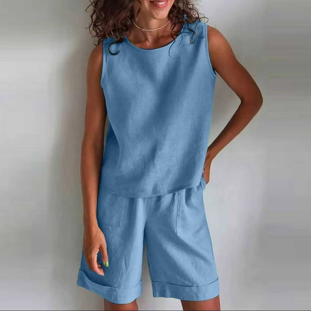 Ensembles d'Entraînement pour Femmes Décontracté Été Col Rond Sans Manches et Short Ensemble Deux Pièces en Solde