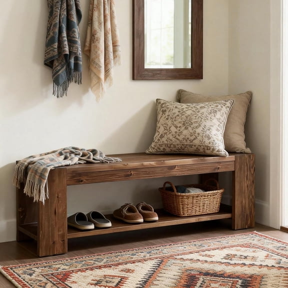 Tribesigns Solid Wood Entryway Bench with Storage Shelf, 55.12-Inch 2-Tier Wood Shoe Bench Seating for Entrance, Hallway, Rustic Brown