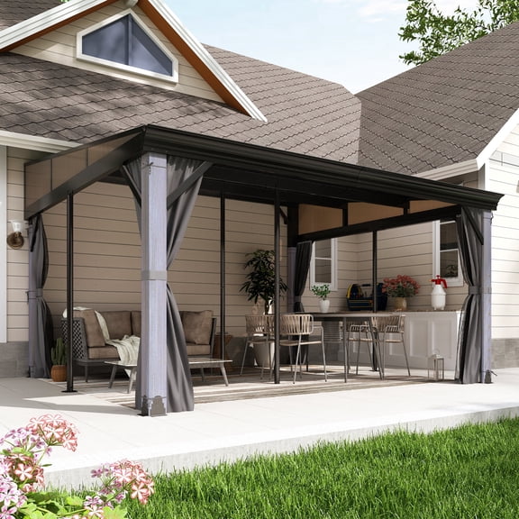 Howsvn 12x14 ft Wood Lean to Gazebo, Wall Mounted Hardtop Pergola, Heavy Duty Outdoor Patio Gazebo for Deck Backyard