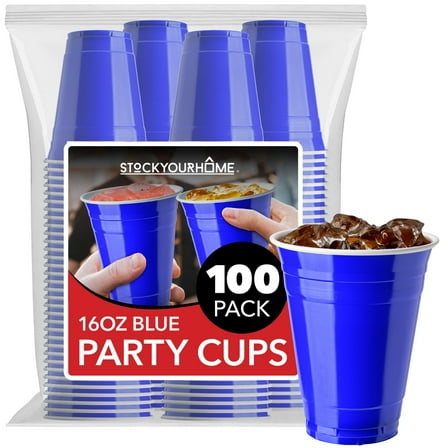 Stock Your Home Blue Plastic Cups Disposable, 16oz (100 Count) Heavy-Duty, Large Party Cup Pack Bulk Pack for Drinking Punch, Soda, Wine, Beer, 4th of July, Halloween