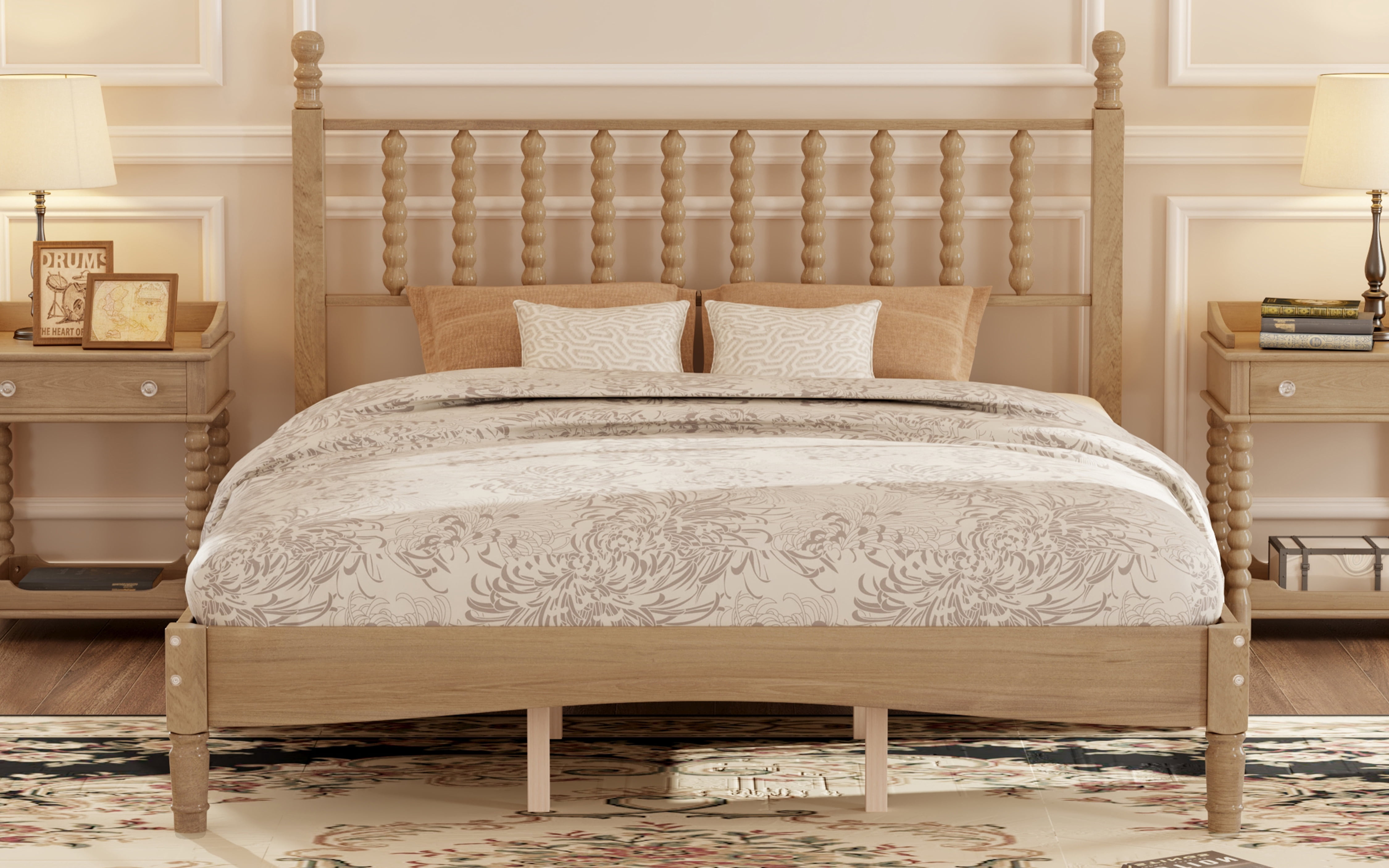Euroco Wood Retro Style Queen Size Platform Bed with Slats for Living Room, Natural