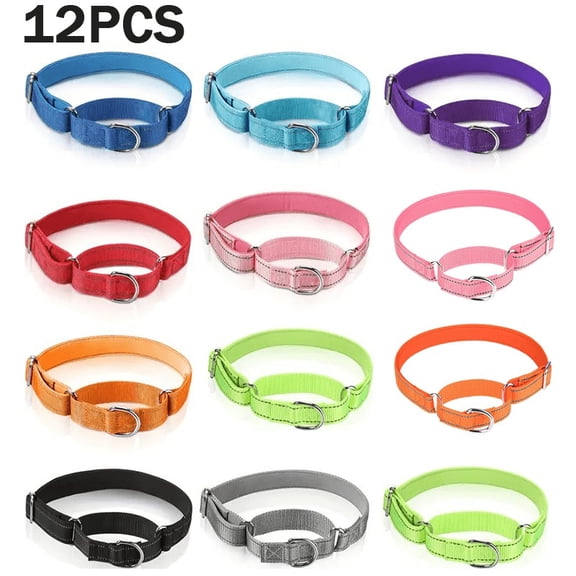 12 Pcs Reflective Martingale Dog Collars - Adjustable Nylon Collars With Metal Buckles, 9 Vibrant Colors For Medium Dogs, Night Visibility & Anti-Slip Design