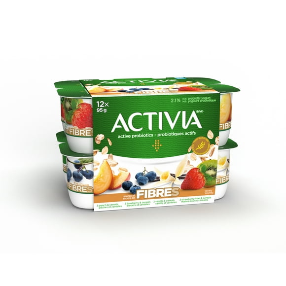 Yogourt probiotique Activia source de Fibres, pêche-bleuet-vanille-fraise-kiwi, 12 x 95 G Activia M12 Peche Blueberry Vanille Str-Kiwi