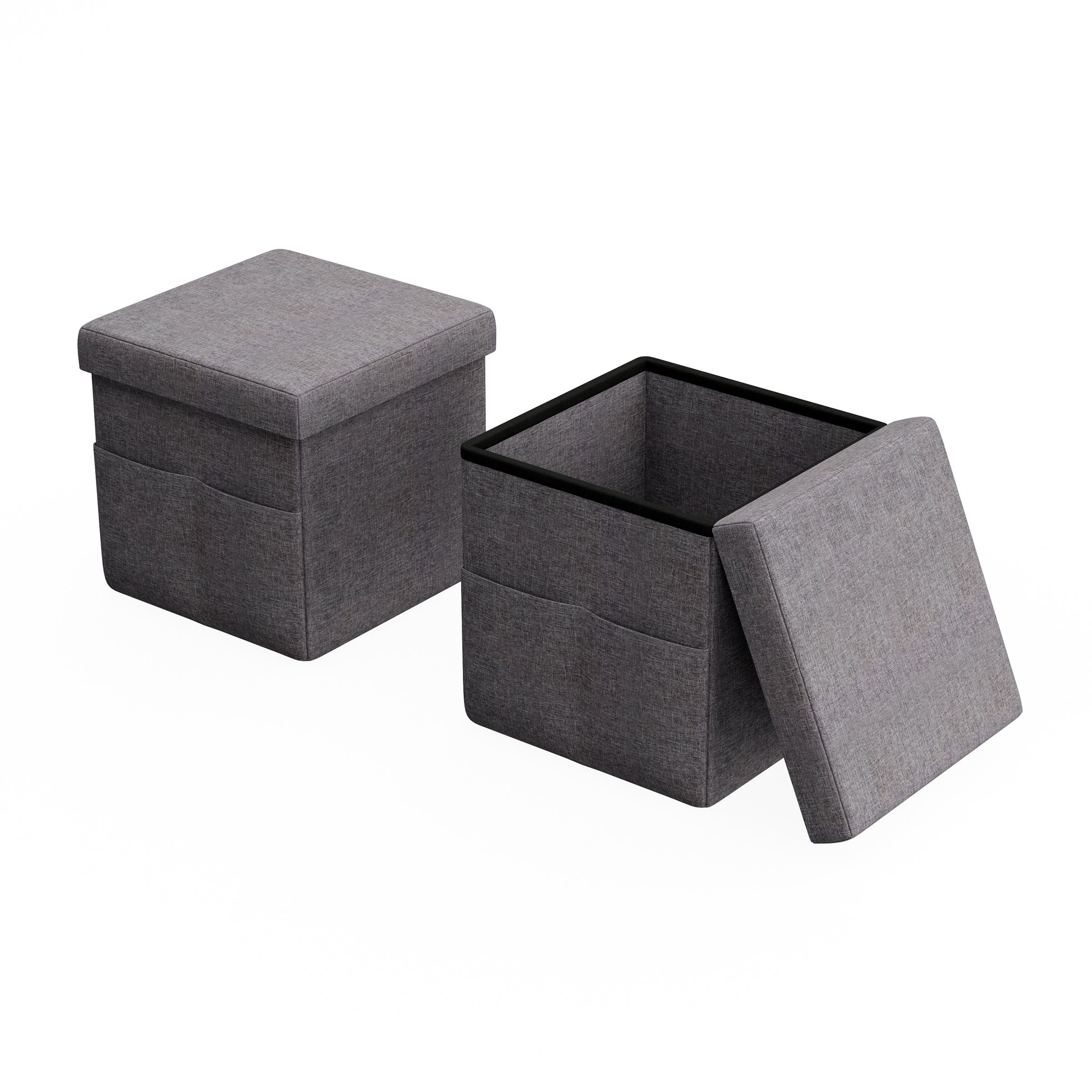 Lavish Home Set of Two 15-Inch Folding Ottomans with Storage Pockets (Dark Gray)