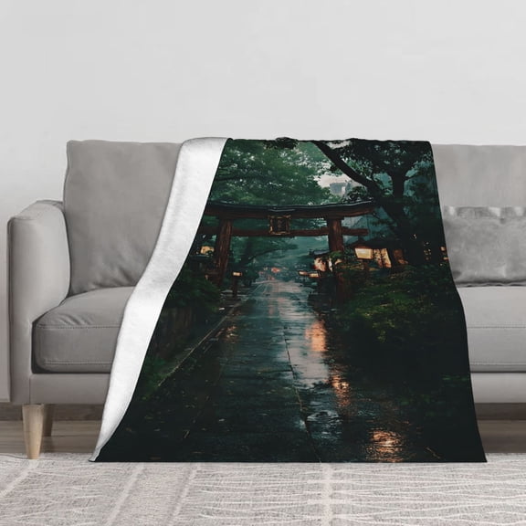 Soft Fleece Throw Blanket, Rainy Japanese Shrine Torii Gate Path With Warm Lanterns Scenery Print, Tranquil Traditional East Asian Forest Scene Decor Blanket
