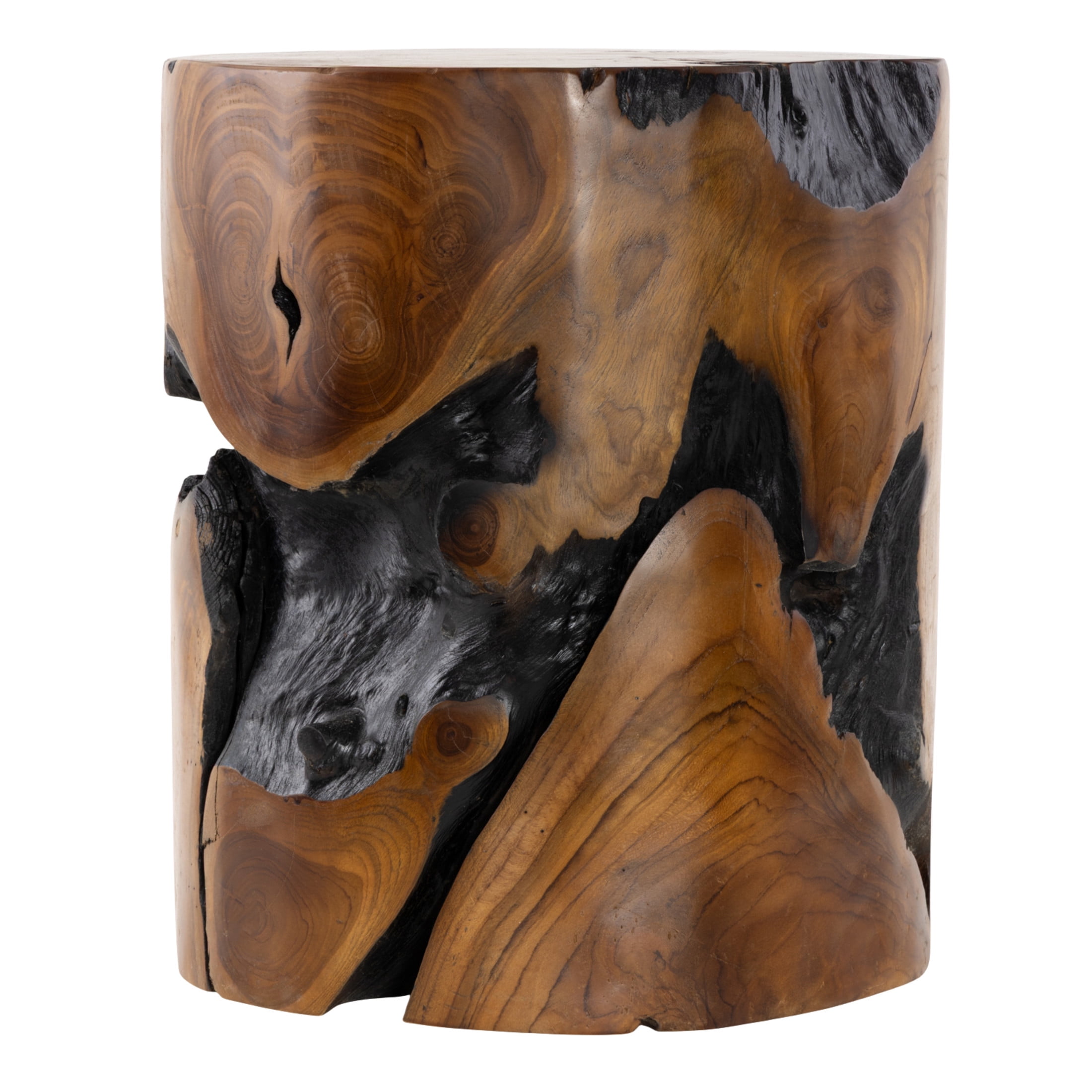DecMode Teak Wood Handmade Live Edge Stump Stool with Charred Detailing, Brown