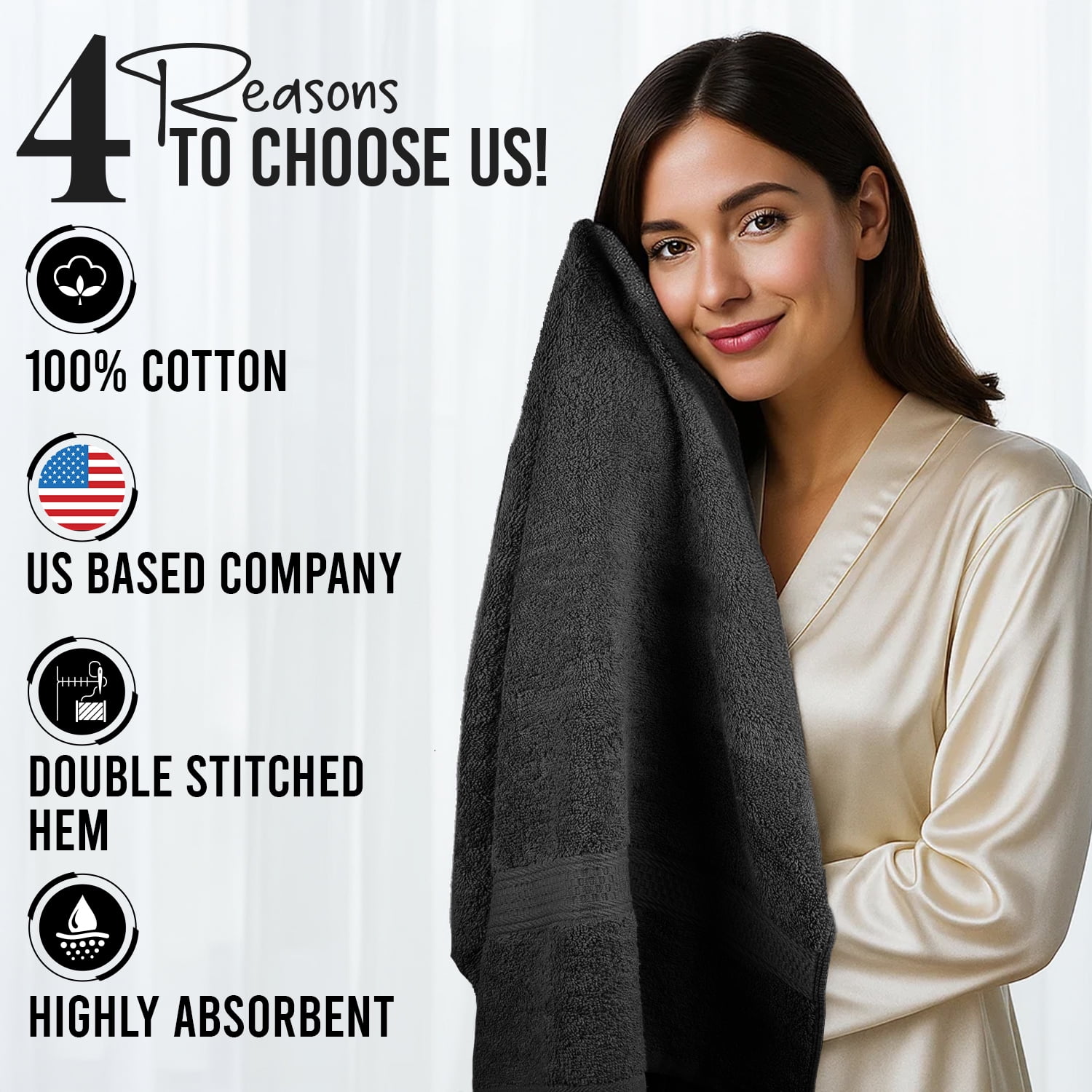 Dan River Bath Towel 4 Pack 27x54 in Ultra Soft Quick Drying Cotton Towel - Black
