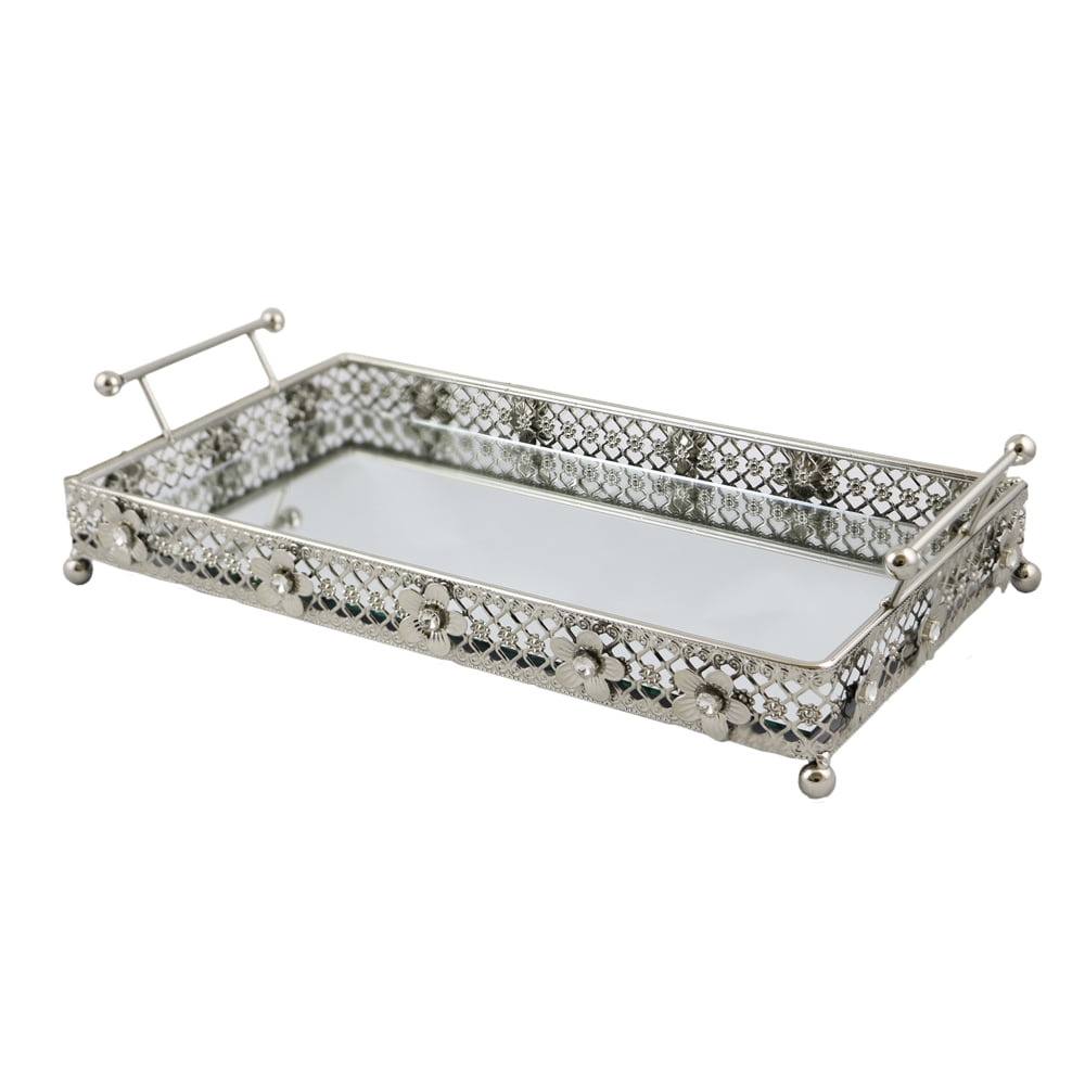 Elegant Mirrored Pastry Serving Platter Tray With Handles and Crystal