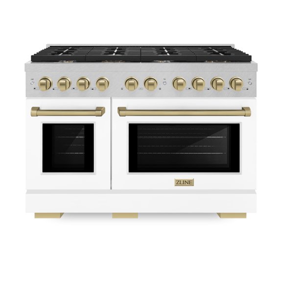 ZLINE Autograph Edition 48 in. 6.7 cu. ft. Paramount Double Oven Gas Range with 8 Burner Cooktop in DuraSnow Stainless Steel with White Matte Doors and Champagne Bronze Accents (SGRSZ-WM-48-CB)
