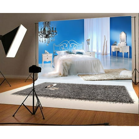 Image of MOHome 7x5ft Photography Backdrop Bedroom Interior Decorations White Curtain Blanket Mirror Blue and White Tone Photo Background Children Baby Adults Portraits Backdrop Chandelier