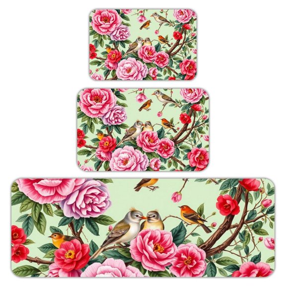 RKSupls Kitchen Rug Set 3 Piece Anti-Slip Flannel Floor Mats, Camellia Bird Pattern Washable Absorbent Runner Mats for Kitchen Bathroom Home Decor