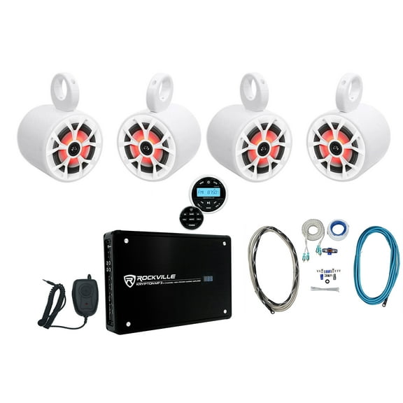 4) Rockville 6.5" 700w Marine Wakeboard LED Speakers Receiver Amplifier Wire Kit