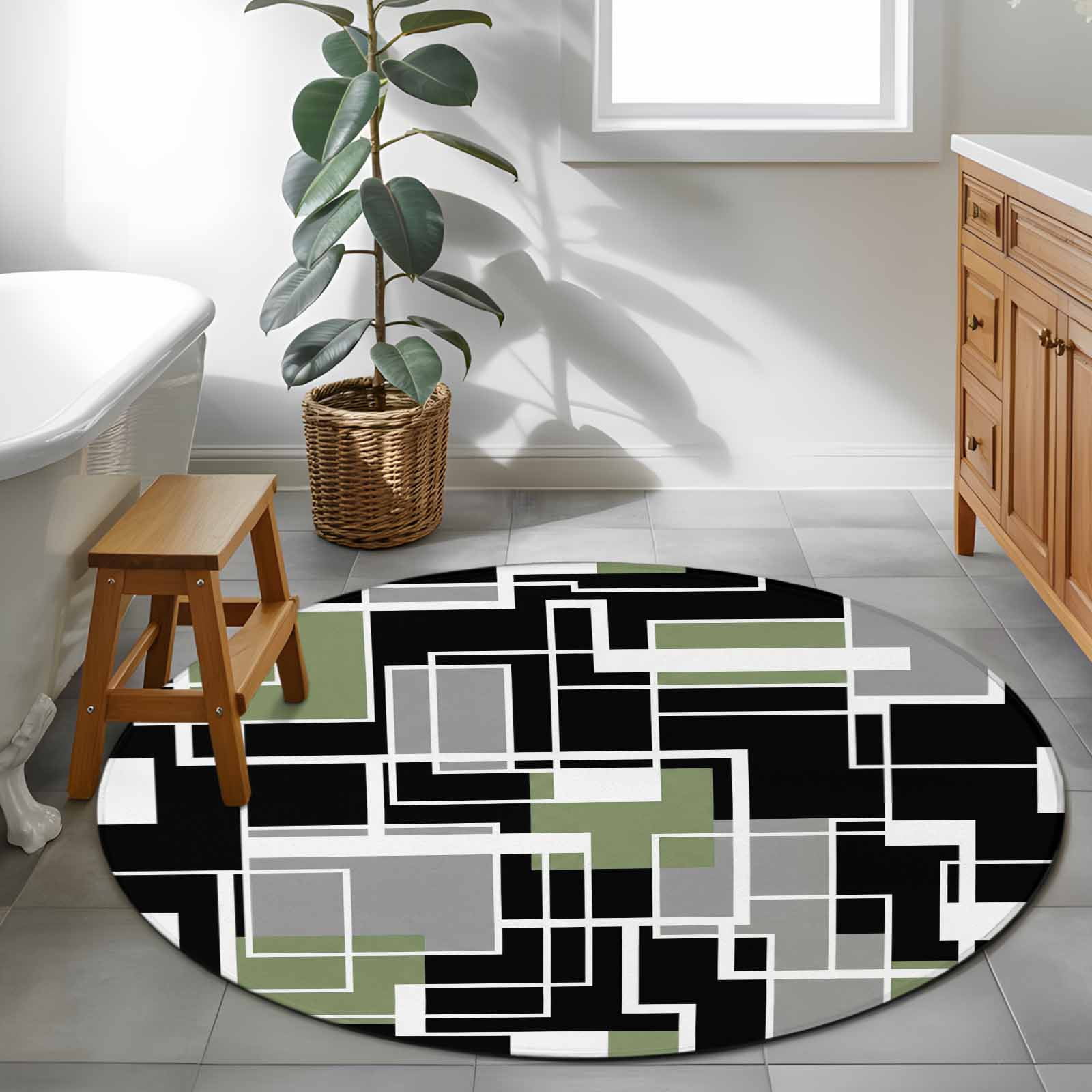 Sage Green Black Geometric Round Area Rug 4Ft Washable Circle Rugs for Bedroom Dining Room, Modern Abstract Art Block Non-Slip Carpet Floor Mats Indoor Outdoor Carpet Runner Aesthetic Home Decor
