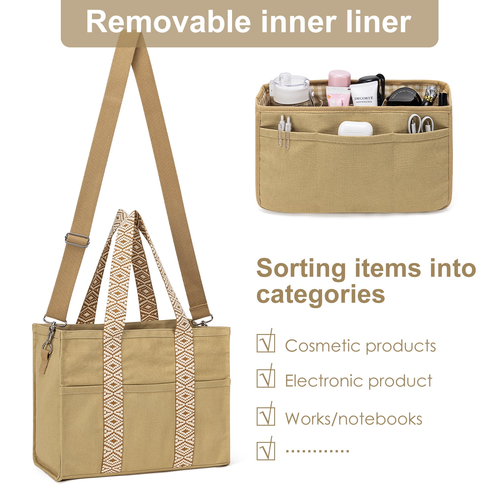 Kabaqoo Canvas Tote Bag with Multi Pockets, Crossbody Tote with Compartments