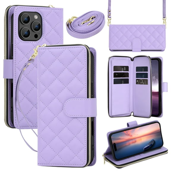 Allytechgroup iPhone 16e Wallet Case with Zipper Pocket & Cards Slots, Crossbody Lanyard Hand Strap Stand Shockproof PU Leather Flip Folio Cover Phone Case for Apple iPhone 16e 6.1", Purple