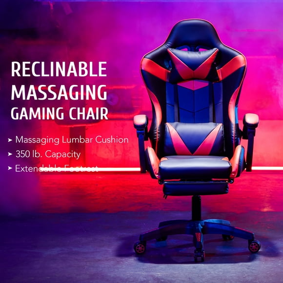 Preenex Reclining Leather Gamer's Chair Ergonomic Support High Back Massage Wheels, Red