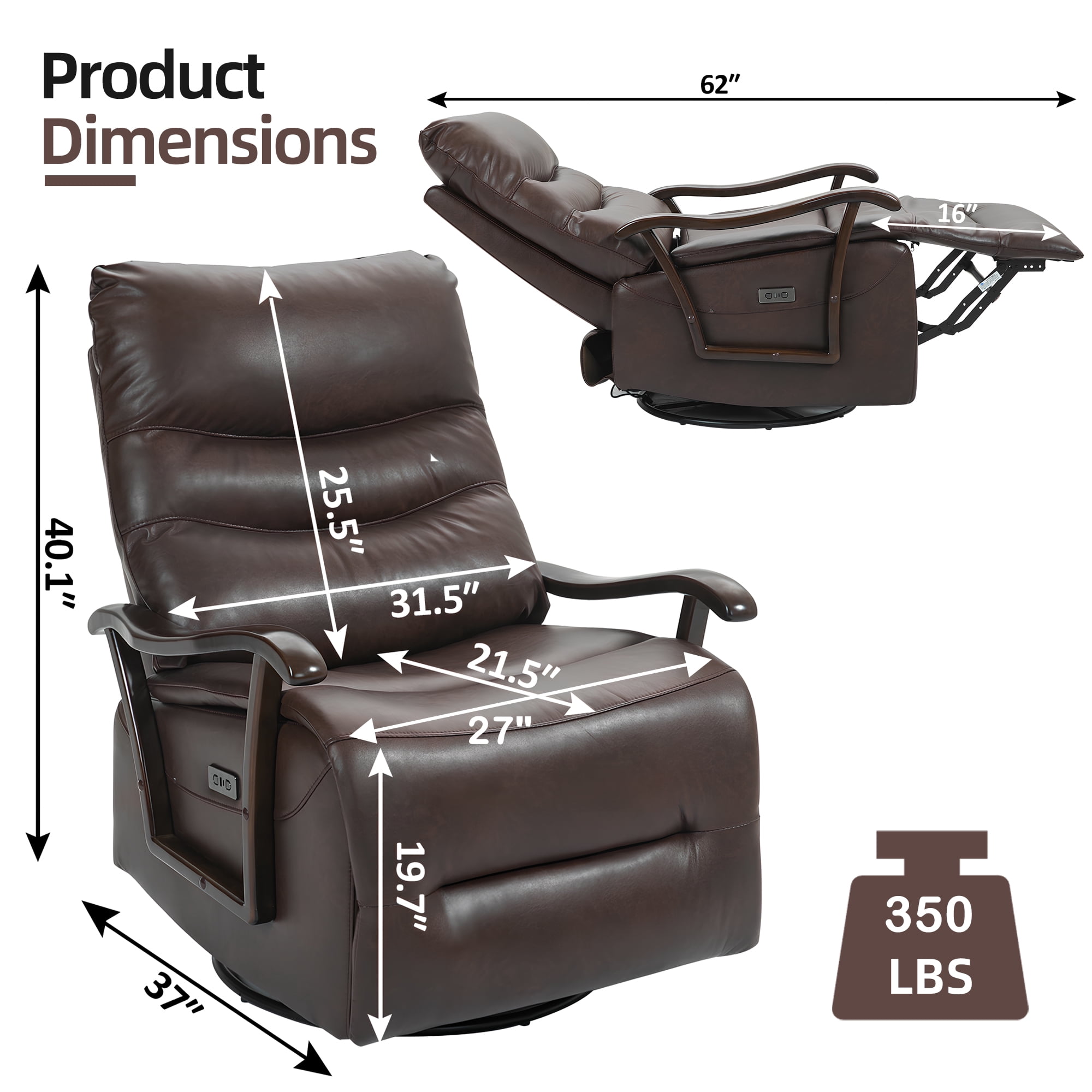 PORKISS Recliners Single Chairs with USB Port, Oversized Ergonomic Lounge Chair with Armrests, Brown