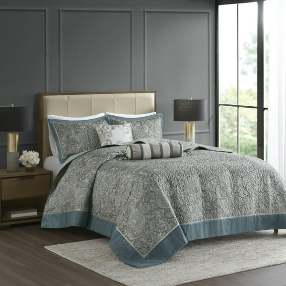 5-Piece Teal Paisley Jacquard Bedspread Set, King Size with Throw Pillows