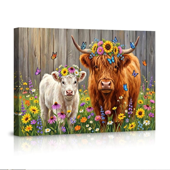 "Highland Cow and Calf in Wildflowers" Canvas Wall Art, Floral Crown Farmhouse Decor, Colorful Rustic Animal Art for Living Room & Modern Home