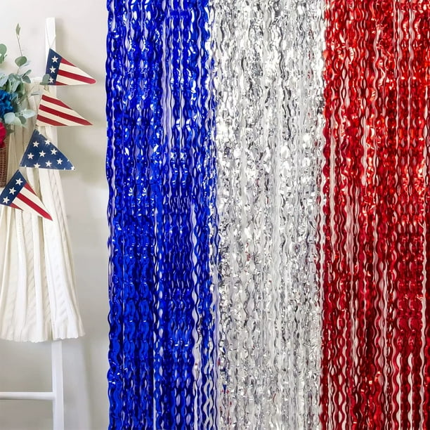 Cortina de lluvia del Día de la Independencia | Serpentina de lámina de PET multicolor | Estilo de banner con lentejuelas de estrella ondulada roja blanca azul | Fondo de fiesta reutilizable
