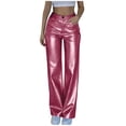thumbnail image 2 of Women's Faux Leather Pants Elastic Waist Straight Leg Pants with Pockets Leather Motorcycle Pants Loose Solid Color Boyfriend Pants Streetwear Y2K Outfit, 2 of 7